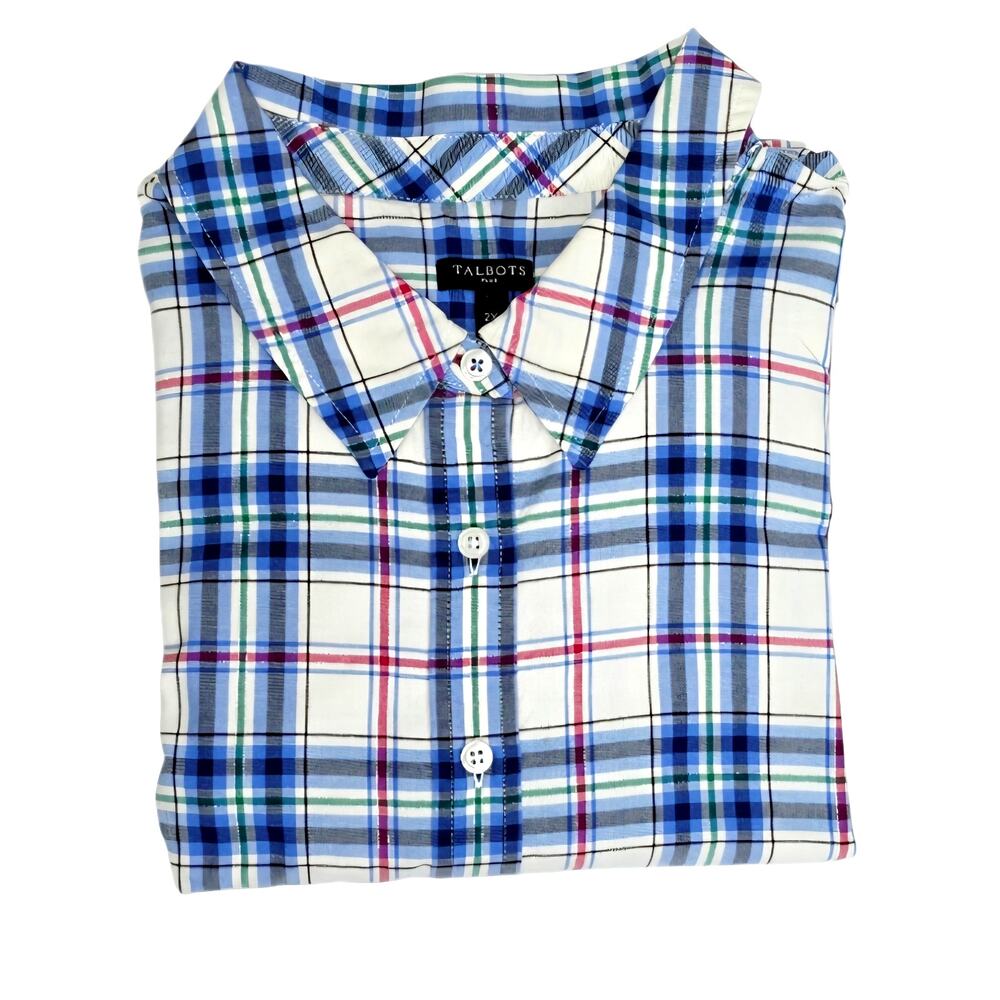 Talbots Plus 2X White Blue Holiday Plaid Flannel Shirt Shimmer Festive Winter